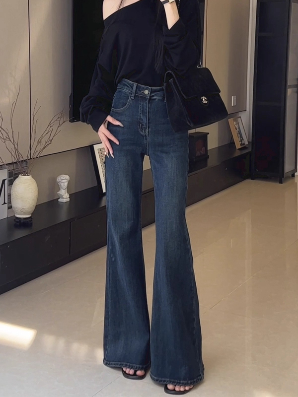 Дънки с висока талия, подплатени флийсом, ретро стил, разкроени крачоли, памучно-разтеглив деним, зима 2025