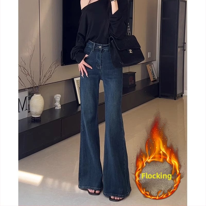 Дънки с висока талия, подплатени флийсом, ретро стил, разкроени крачоли, памучно-разтеглив деним, зима 2025