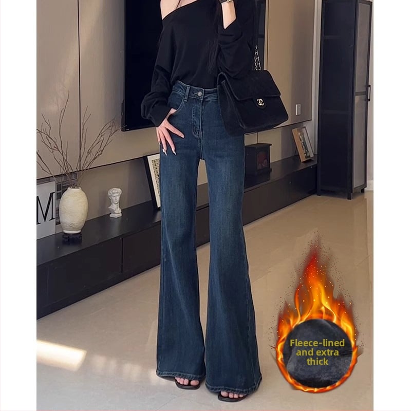 Дънки с висока талия, подплатени флийсом, ретро стил, разкроени крачоли, памучно-разтеглив деним, зима 2025