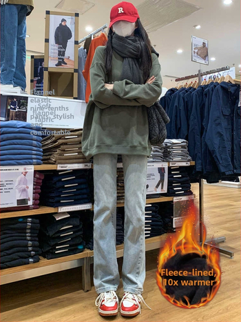 Дънки за жени от деним с висока талия, подплатени с флис, дебел плат, права кройка