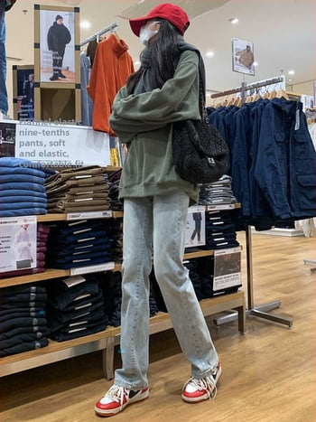 Дънки за жени от деним с висока талия, подплатени с флис, дебел плат, права кройка