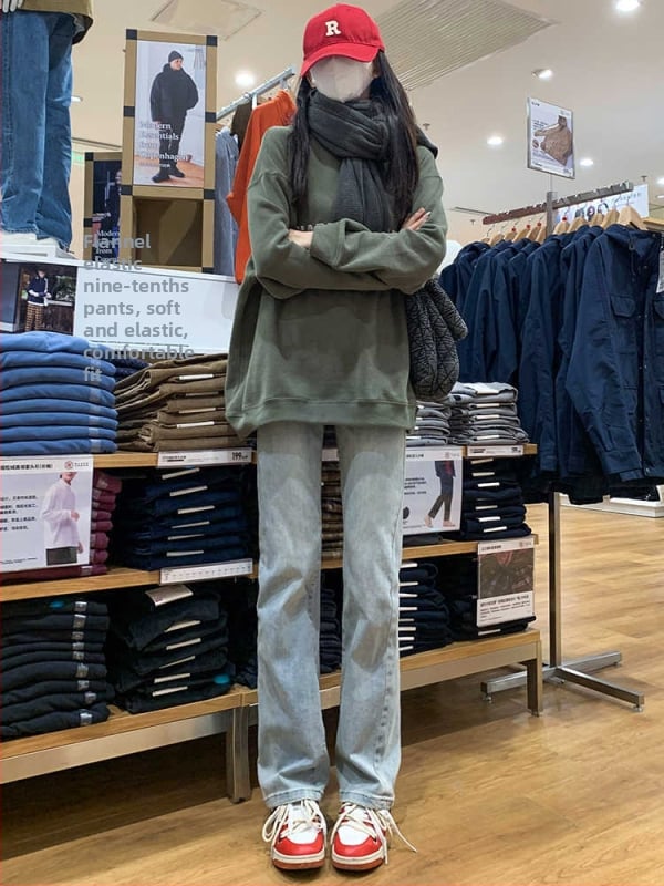 Дънки за жени от деним с висока талия, подплатени с флис, дебел плат, права кройка