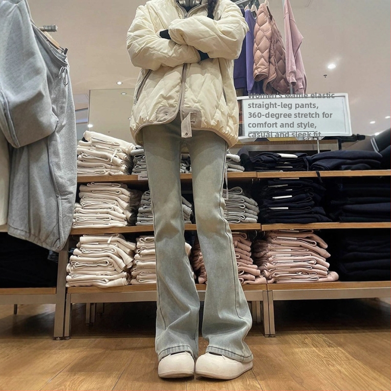 Дънки за жени от деним с висока талия, подплатени с флис, дебел плат, права кройка