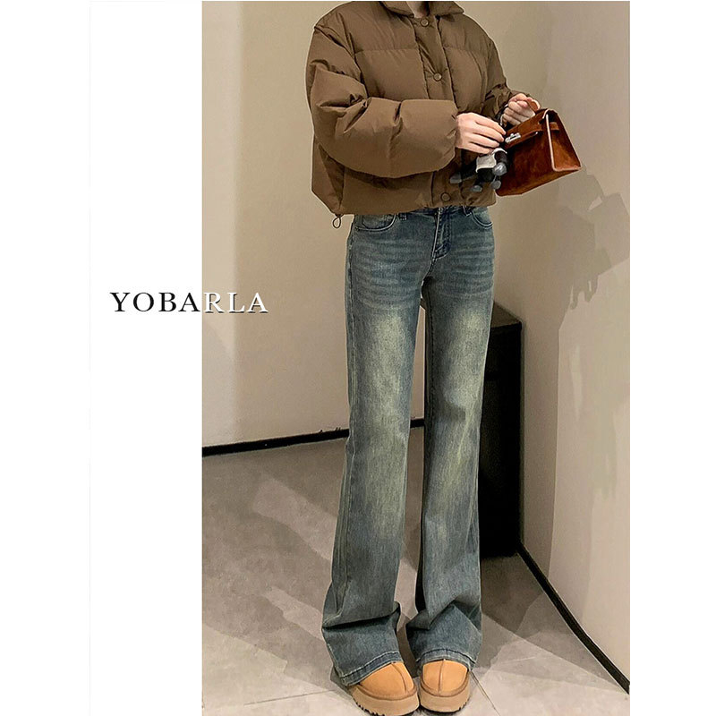 Дънки за жени от деним с висока талия, подплатени с флис, дебел плат, права кройка