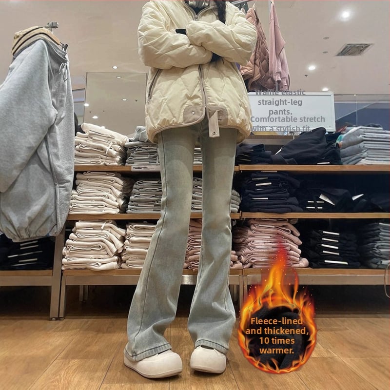 Дънки за жени от деним с висока талия, подплатени с флис, дебел плат, права кройка