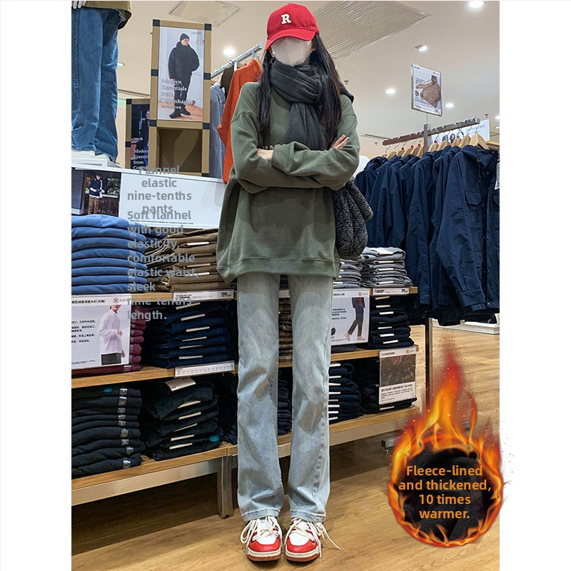 Дънки за жени от деним с висока талия, подплатени с флис, дебел плат, права кройка