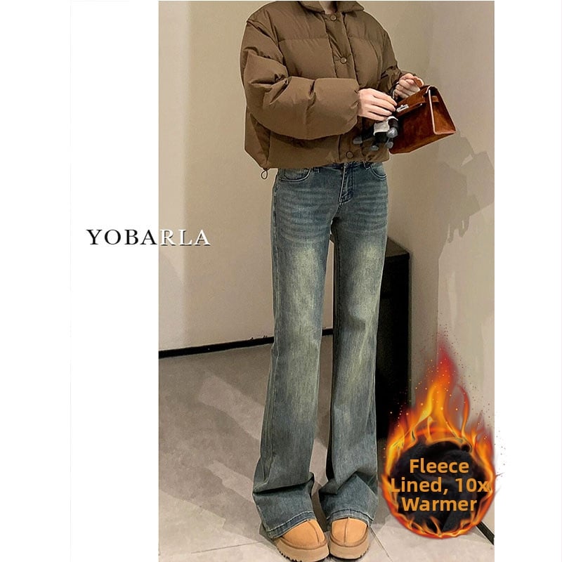 Дънки за жени от деним с висока талия, подплатени с флис, дебел плат, права кройка