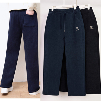 Pantaloni de iarnă pentru bărbați, stil casual-business, căptușeală din fleece, din amestec de bumbac, talie înaltă cu curea, închidere cu șnur, croială lejeră drept