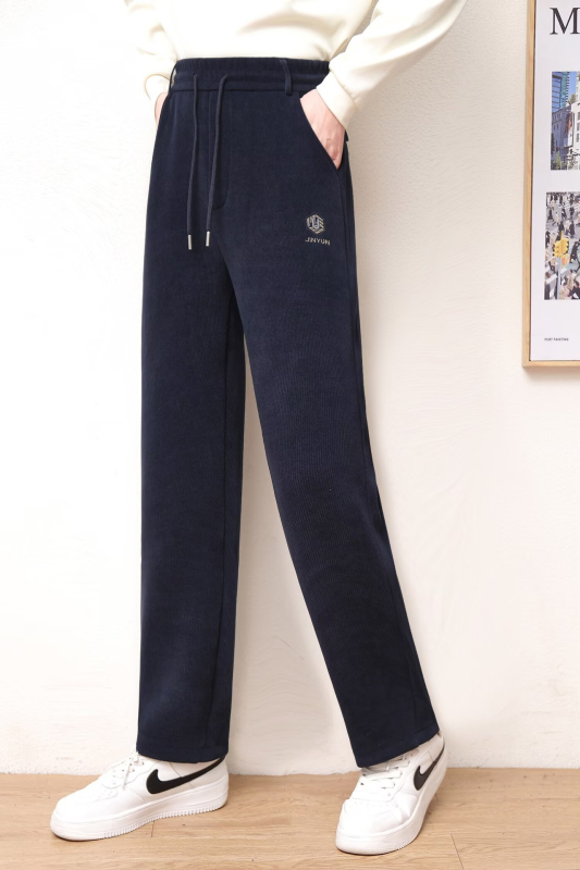 Pantaloni de iarnă pentru bărbați, stil casual-business, căptușeală din fleece, din amestec de bumbac, talie înaltă cu curea, închidere cu șnur, croială lejeră drept