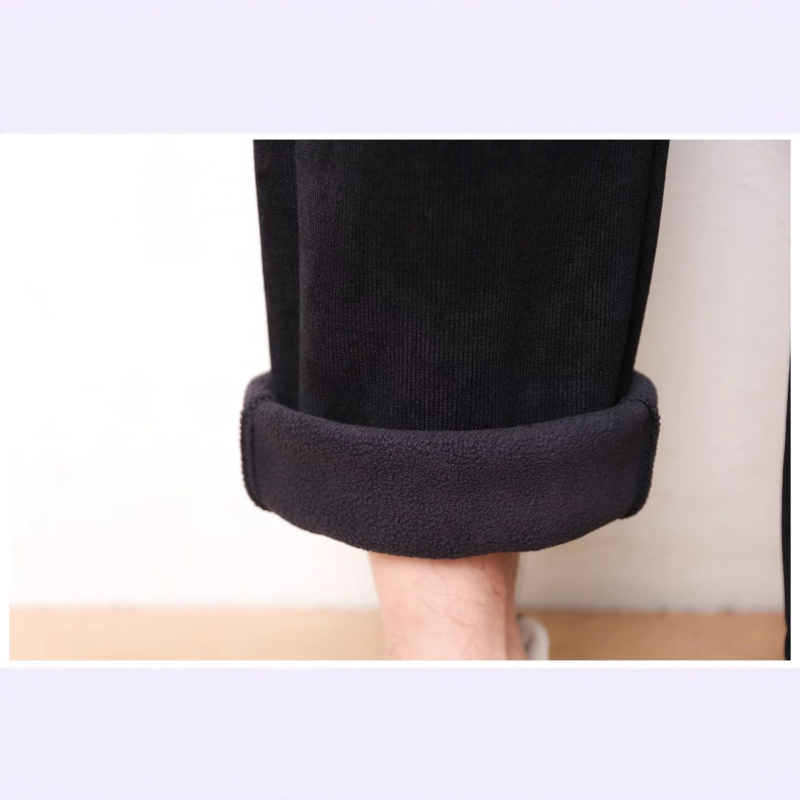 Pantaloni de iarnă pentru bărbați, stil casual-business, căptușeală din fleece, din amestec de bumbac, talie înaltă cu curea, închidere cu șnur, croială lejeră drept