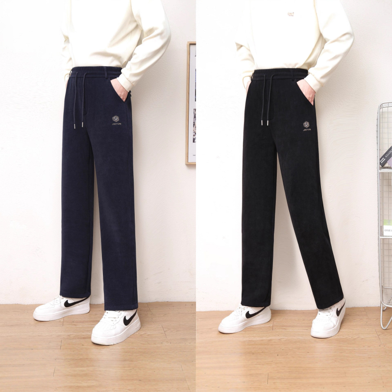 Pantaloni de iarnă pentru bărbați, stil casual-business, căptușeală din fleece, din amestec de bumbac, talie înaltă cu curea, închidere cu șnur, croială lejeră drept