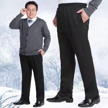 Pantaloni bărbați din bumbac tricotat, căptuți cu fleece, croială dreptă, talie înaltă, închidere cu șnur, pentru bărbați de vârstă mijlocie
