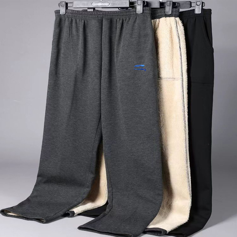 Pantaloni bărbați din bumbac tricotat, căptuți cu fleece, croială dreptă, talie înaltă, închidere cu șnur, pentru bărbați de vârstă mijlocie