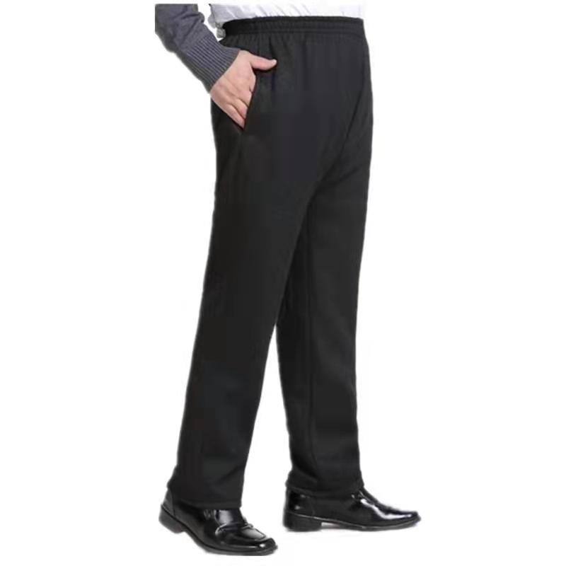 Pantaloni bărbați din bumbac tricotat, căptuți cu fleece, croială dreptă, talie înaltă, închidere cu șnur, pentru bărbați de vârstă mijlocie