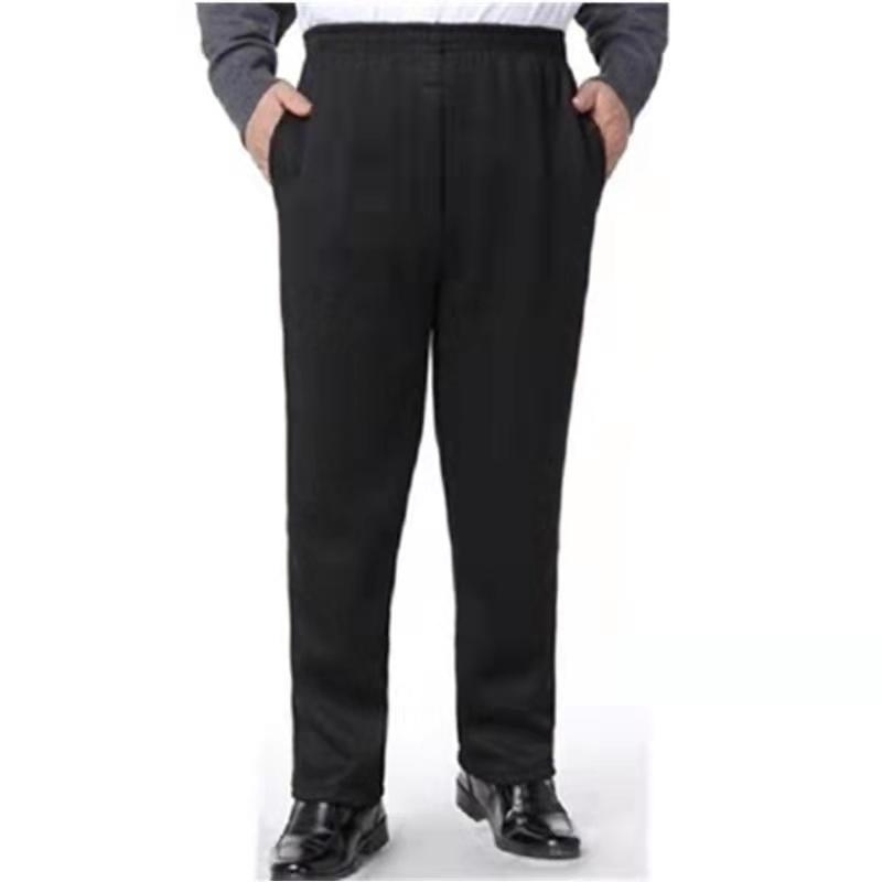 Pantaloni bărbați din bumbac tricotat, căptuți cu fleece, croială dreptă, talie înaltă, închidere cu șnur, pentru bărbați de vârstă mijlocie