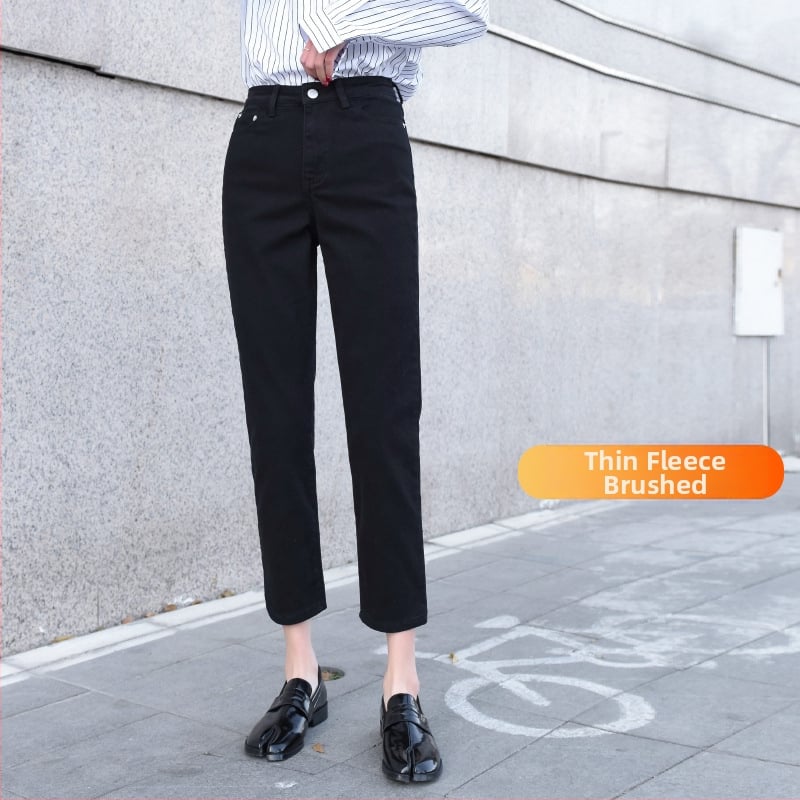 Дънкови панталони тип цигари - висока талия, дължина 3/4, полиестер 30–50%, средна дебелина, триизмерно декориране