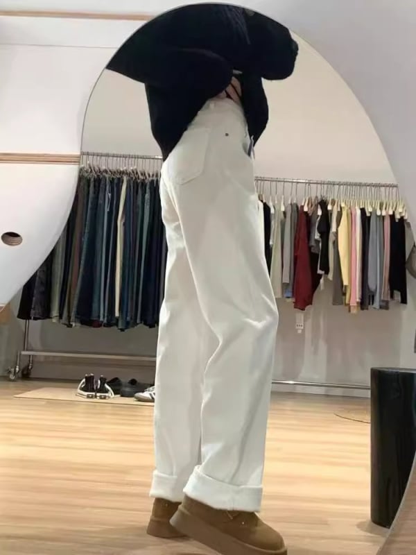 Дънкови джинси, прави крачоли, висока талия, подплатени полар, плътен деним с 50–70% памук и под 30% полиестер