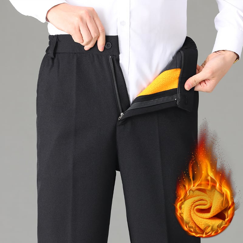 Muške hlače za business casual, ravni kroj, visok struk, flis podstava, poliesterska smjesa, jednobojne, džepovi, mikroelastičnost