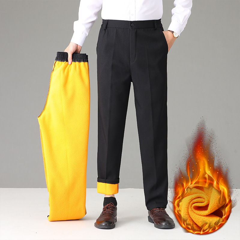 Muške hlače za business casual, ravni kroj, visok struk, flis podstava, poliesterska smjesa, jednobojne, džepovi, mikroelastičnost