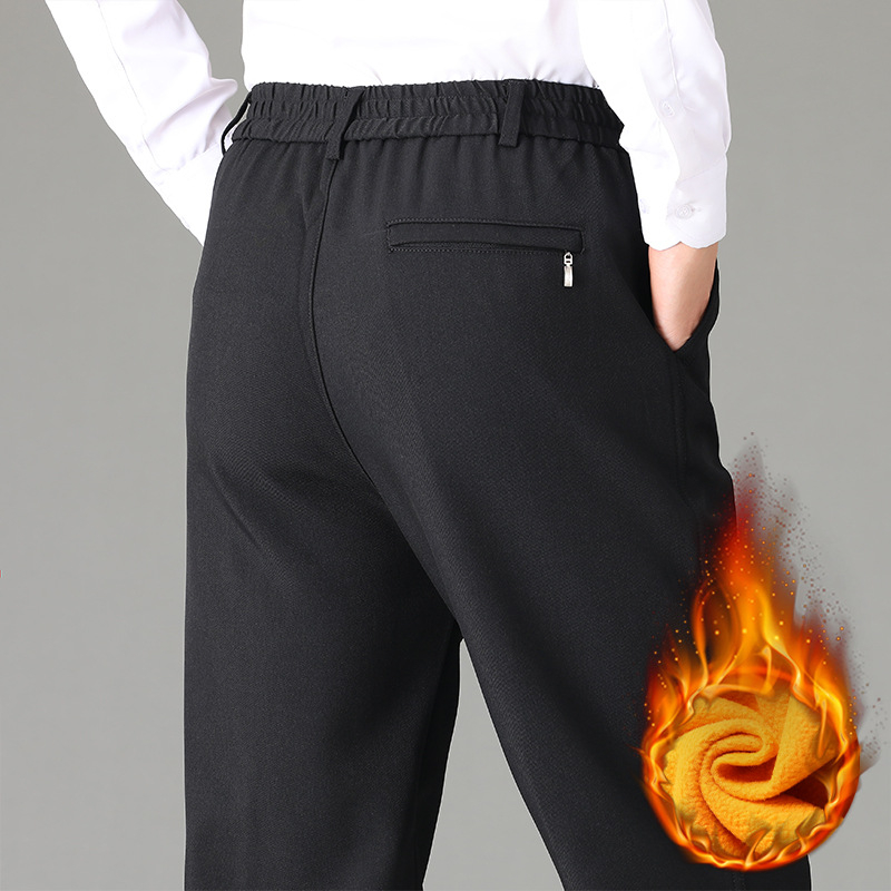 Muške hlače za business casual, ravni kroj, visok struk, flis podstava, poliesterska smjesa, jednobojne, džepovi, mikroelastičnost