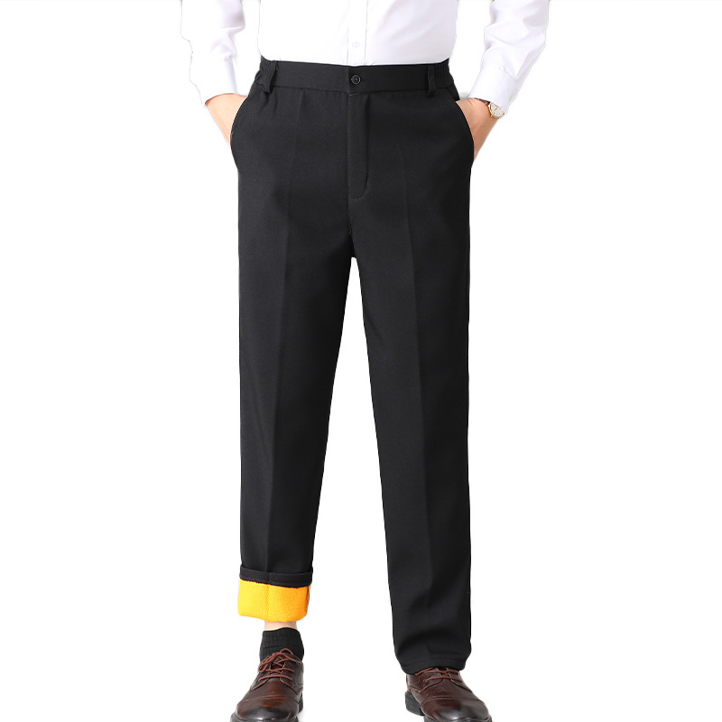 Muške hlače za business casual, ravni kroj, visok struk, flis podstava, poliesterska smjesa, jednobojne, džepovi, mikroelastičnost