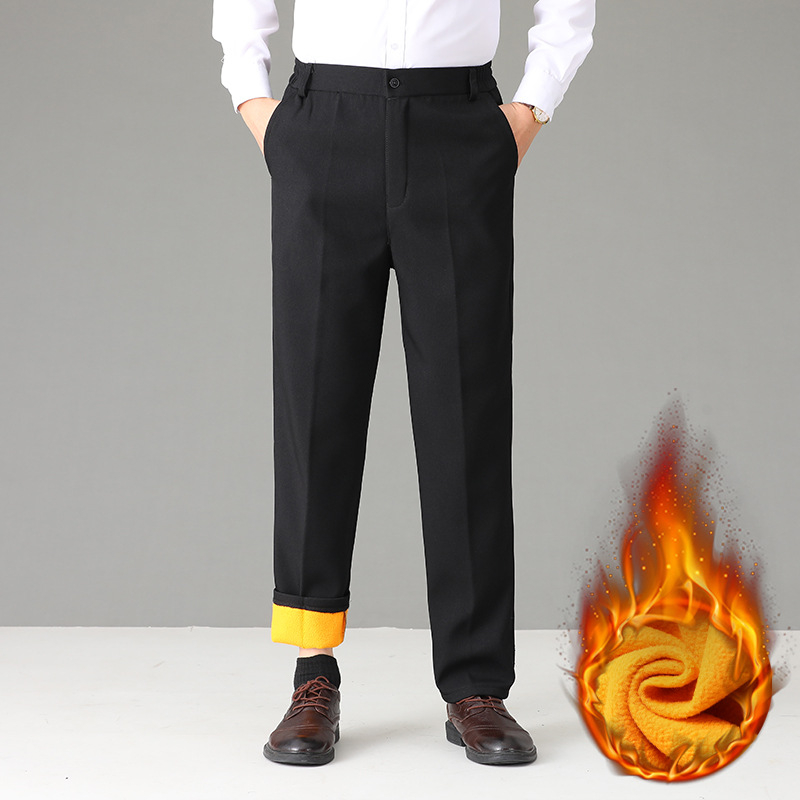 Muške hlače za business casual, ravni kroj, visok struk, flis podstava, poliesterska smjesa, jednobojne, džepovi, mikroelastičnost