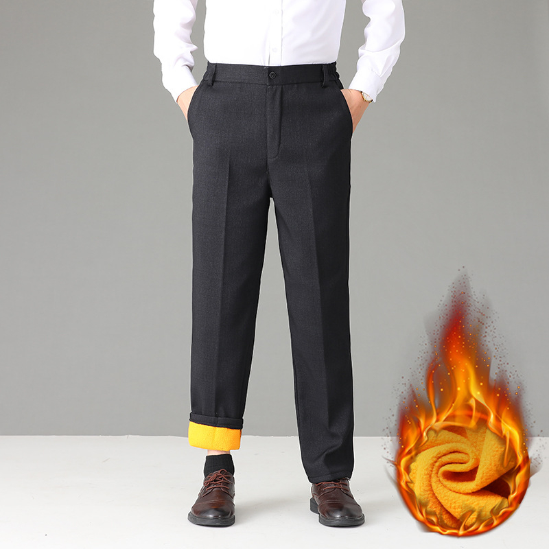 Muške hlače za business casual, ravni kroj, visok struk, flis podstava, poliesterska smjesa, jednobojne, džepovi, mikroelastičnost