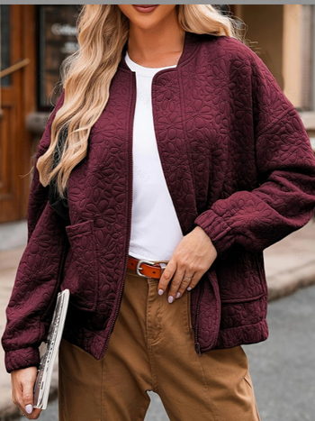 Dámske sako z jacquardu s textúrou, stojací golier, predný zips, voľný strih