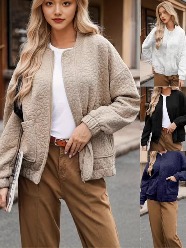 Dámske sako z jacquardu s textúrou, stojací golier, predný zips, voľný strih