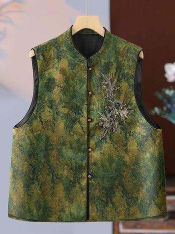 Безръкав жилет в китайски стил с 3D узор, стояща яка, полиестерна материя, едноредово закопчаване