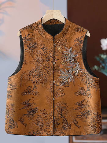 Безръкав жилет в китайски стил с 3D узор, стояща яка, полиестерна материя, едноредово закопчаване