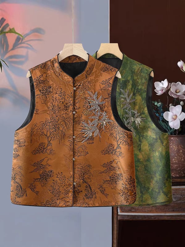 Безръкав жилет в китайски стил с 3D узор, стояща яка, полиестерна материя, едноредово закопчаване