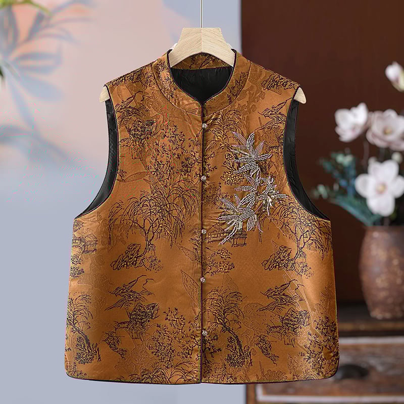 Безръкав жилет в китайски стил с 3D узор, стояща яка, полиестерна материя, едноредово закопчаване