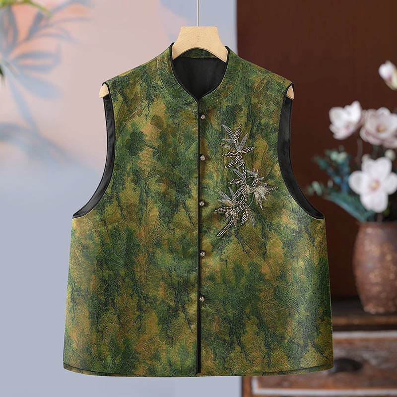 Безръкав жилет в китайски стил с 3D узор, стояща яка, полиестерна материя, едноредово закопчаване