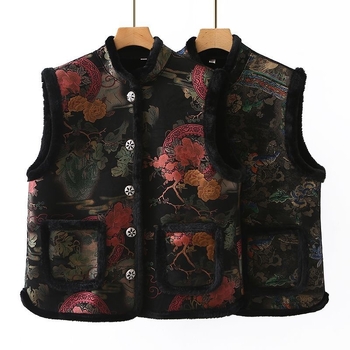 Жилетка от агнешка вълна за жени - V-образна яка, пълнене от памук, 3D ефект, А-линейна кройка