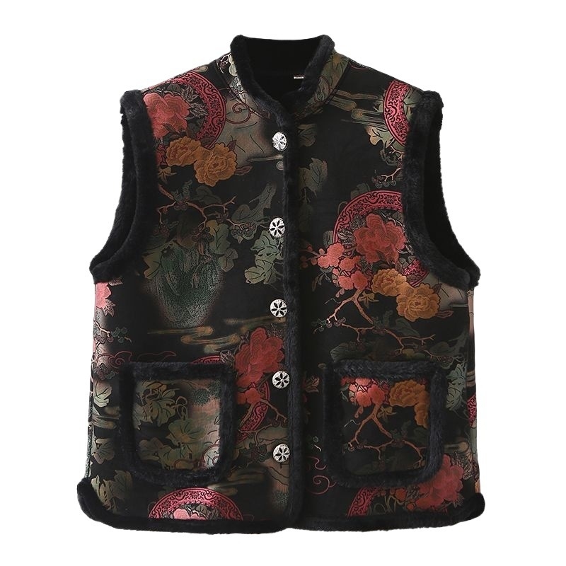 Жилетка от агнешка вълна за жени - V-образна яка, пълнене от памук, 3D ефект, А-линейна кройка