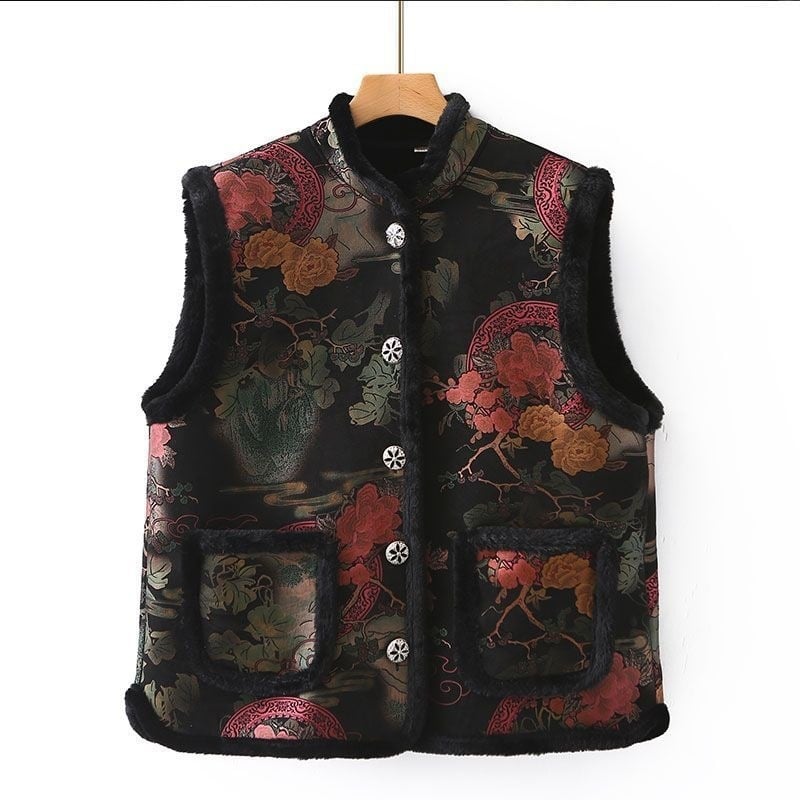 Жилетка от агнешка вълна за жени - V-образна яка, пълнене от памук, 3D ефект, А-линейна кройка