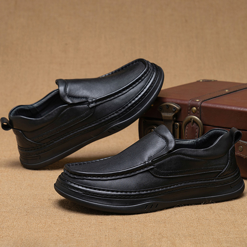 Kožne muške slip-on cipele, mekani potplat, okrugli vrh, gumeni potplat, ravna peta