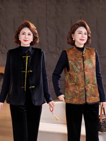 Дамска жилетка в китайски стил със стойкова яка и закопчаване с катарами, нормална дължина