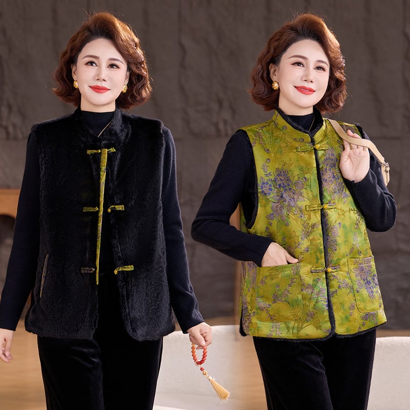 Дамска жилетка в китайски стил със стойкова яка и закопчаване с катарами, нормална дължина