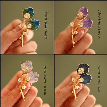 Ръчно изработена брошка с велурено цвете и лист абрикоса, китайски стил, декоративно бижу за жени