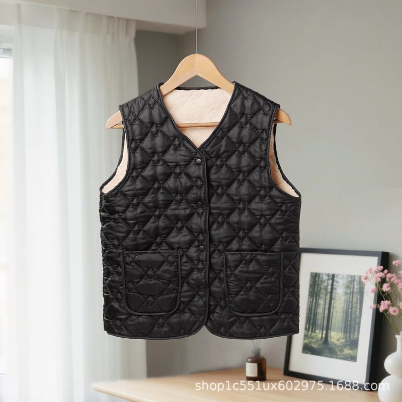 Жилет за възрастни жени за есенно-зимния сезон, без ръкави, подплатен и топъл, с V-образна яка, дължина нормална 50–65 см, пълнеж полиестер‑памук, основен плат 70–80% полиестер