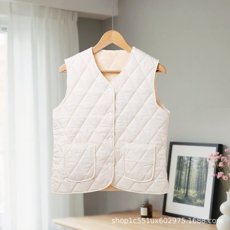 Жилет за възрастни жени за есенно-зимния сезон, без ръкави, подплатен и топъл, с V-образна яка, дължина нормална 50–65 см, пълнеж полиестер‑памук, основен плат 70–80% полиестер