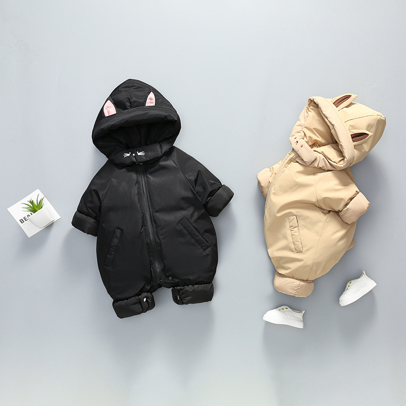 Combinezon pentru bebeluși, stil coreean, căptușit, din poliester gros, cu glugă, mâneci lungi, fermoar, îmbrăcăminte de iarnă pentru copii 1–3 ani