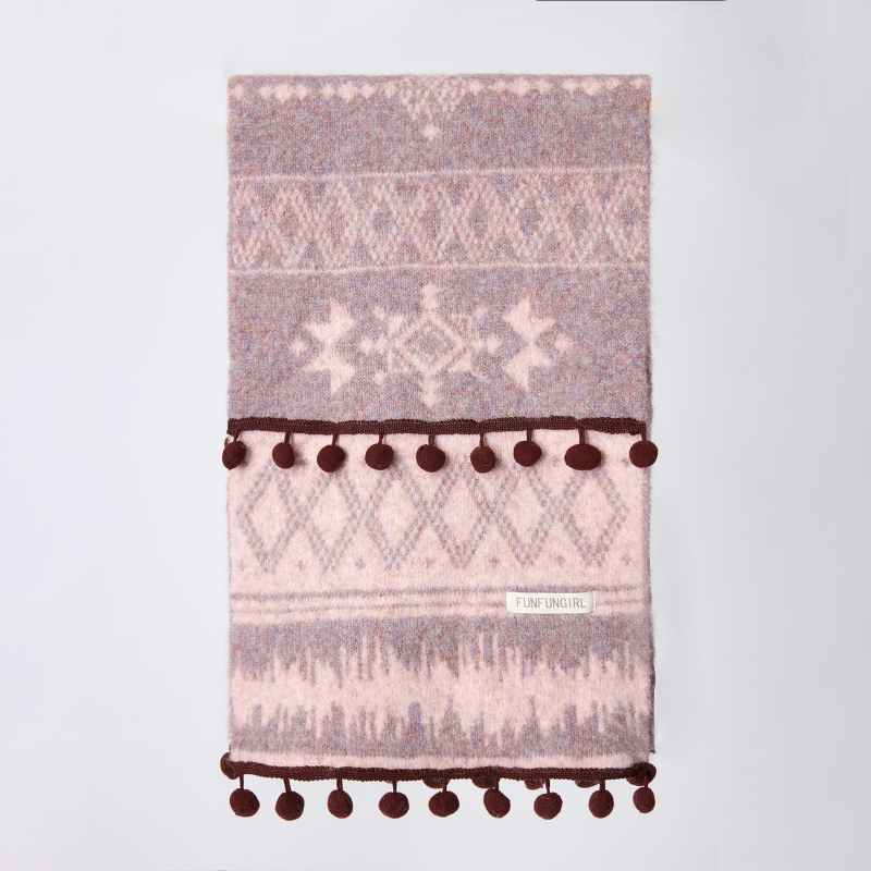 Ženski dvostruki pleteni šal s pomponima (Tehnika pletenja: Warp knitting; Funkcija: Zadržava toplinu; Sezona: Zima; Materijal: vunena smjesa; Izdanja: Zima 2025)