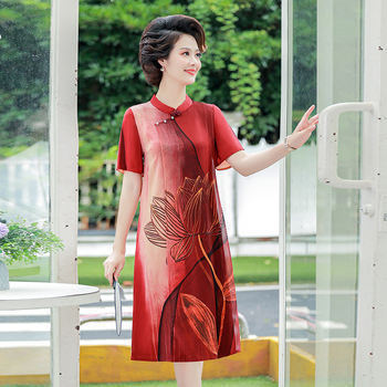 Šifon haljina s otisom, duga haljina, okrugli izrez, kineski stil i umjetnički retro, 50–70% poliestera