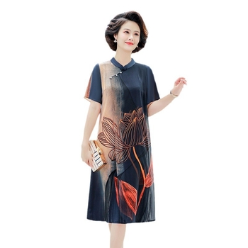 Šifon haljina s otisom, duga haljina, okrugli izrez, kineski stil i umjetnički retro, 50–70% poliestera