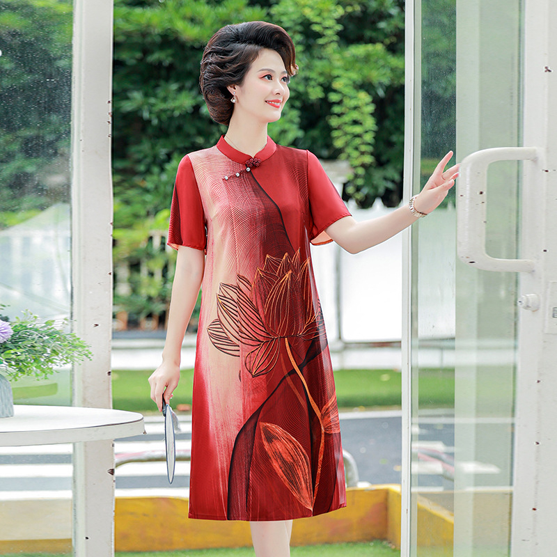 Šifon haljina s otisom, duga haljina, okrugli izrez, kineski stil i umjetnički retro, 50–70% poliestera