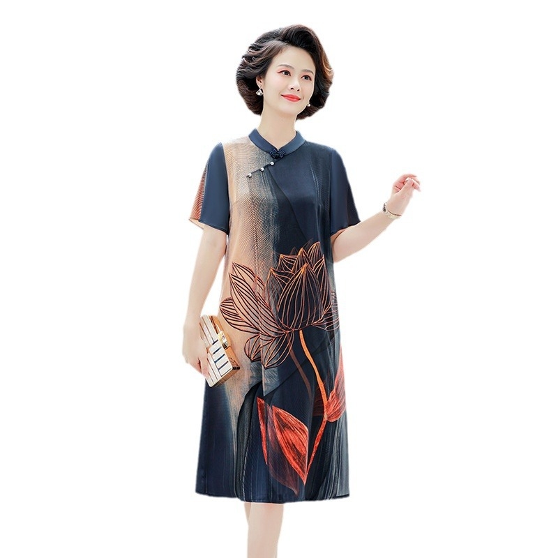 Šifon haljina s otisom, duga haljina, okrugli izrez, kineski stil i umjetnički retro, 50–70% poliestera