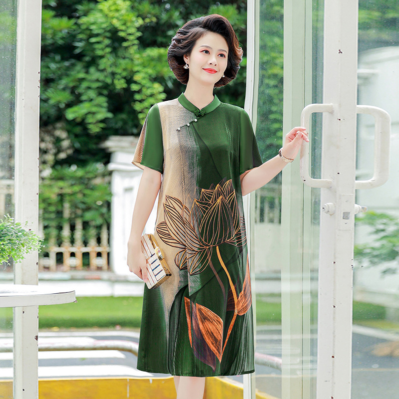 Šifon haljina s otisom, duga haljina, okrugli izrez, kineski stil i umjetnički retro, 50–70% poliestera